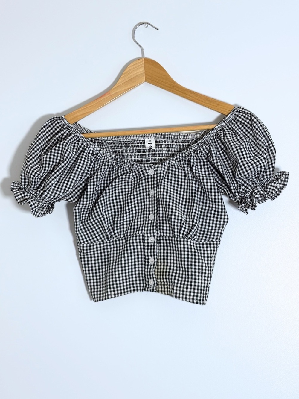 Off-Shoulder Gingham Crop Top - Black/White